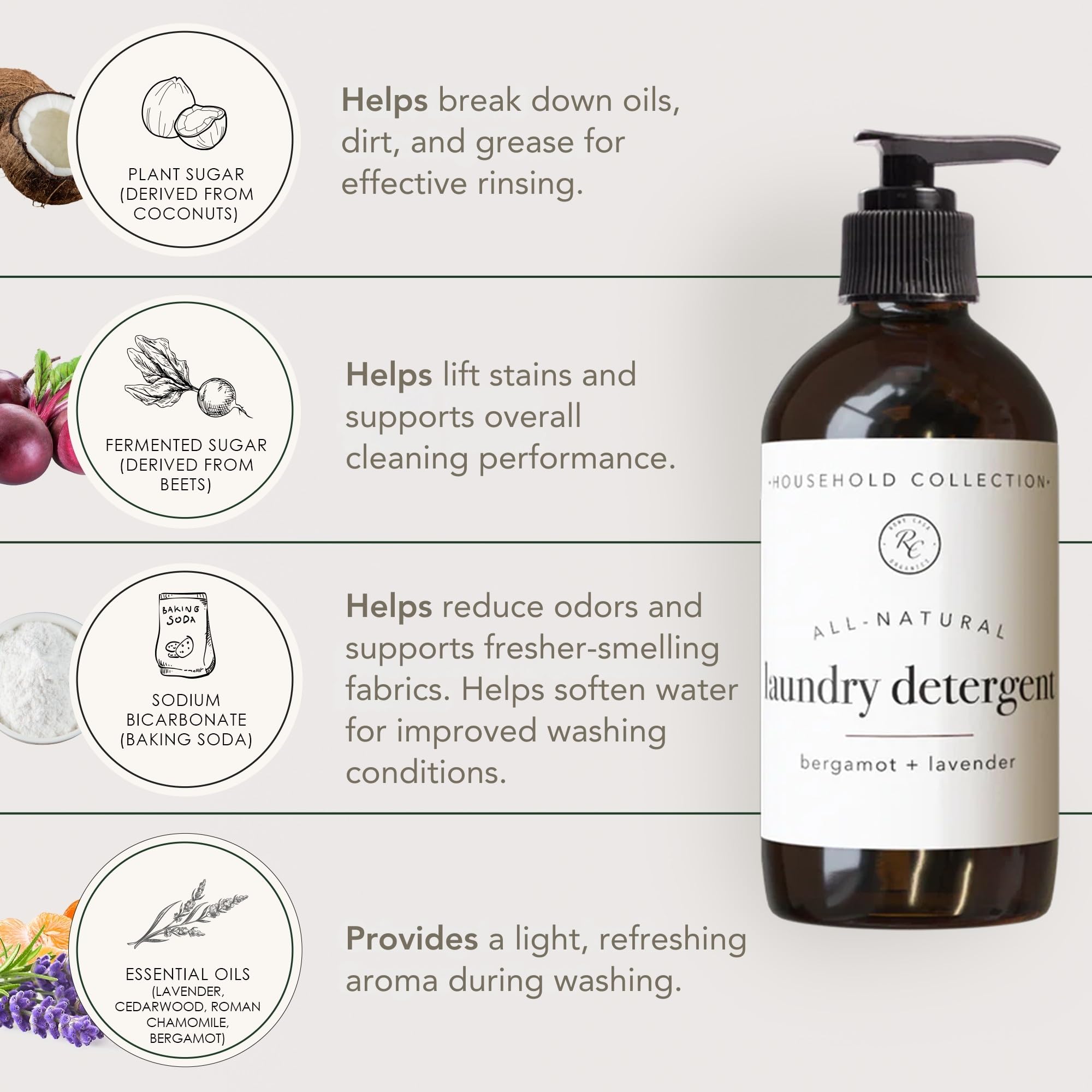 Rowe Casa Organics Bergamot and Lavender Laundry Detergent Liquid - Natural Liquid Washing Detergent with Floral, Sweet, and Fresh Scent - 16 Oz Pump