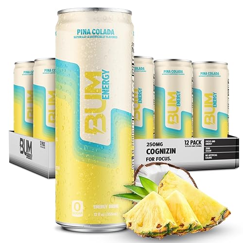 BUM Sugar-Free Energy Drink, Pina Colada - Lightly Carbonated & No Artificial Colors, Natural Caffeine & Citicoline for Energy & Focus, Brain Boost
