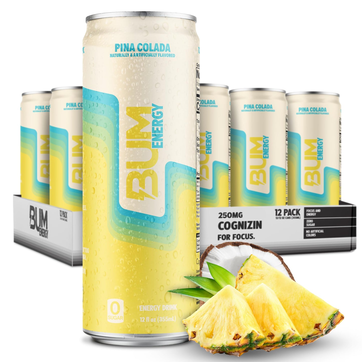 BUM Sugar-Free Energy Drink, Pina Colada - Lightly Carbonated & No Artificial Colors, Natural Caffeine & Citicoline for Energy & Focus, Brain Boost