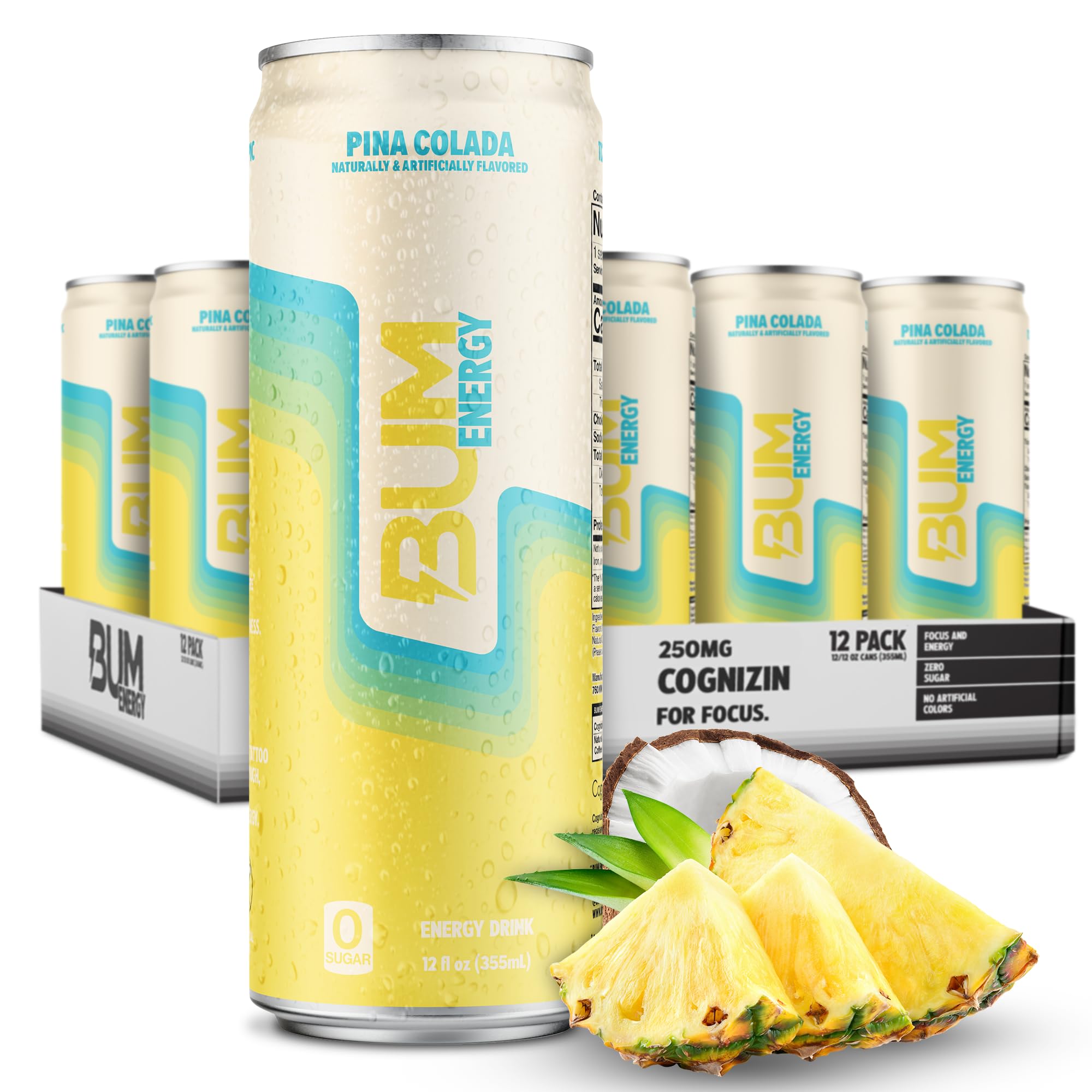 BUM Sugar-Free Energy Drink, Pina Colada - Lightly Carbonated & No Artificial Colors, Natural Caffeine & Citicoline for Energy & Focus, Brain Boost