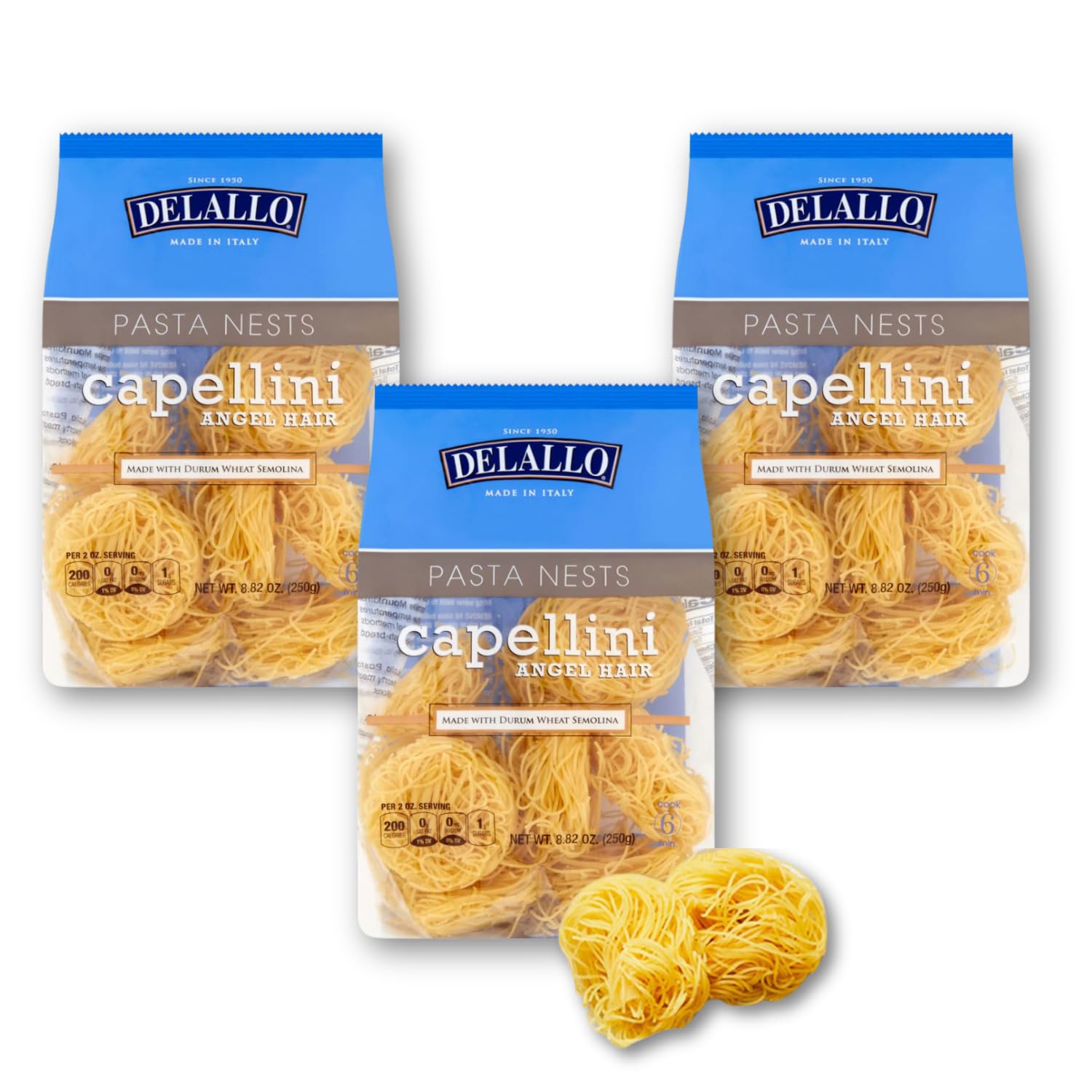 DeLallo Capellini Angel Hair Pasta Nests, Made in Italy, Made with Durum Wheat Semolina Non-Enriched Flour, All Natural, Kosher, Non-GMO, Preservative