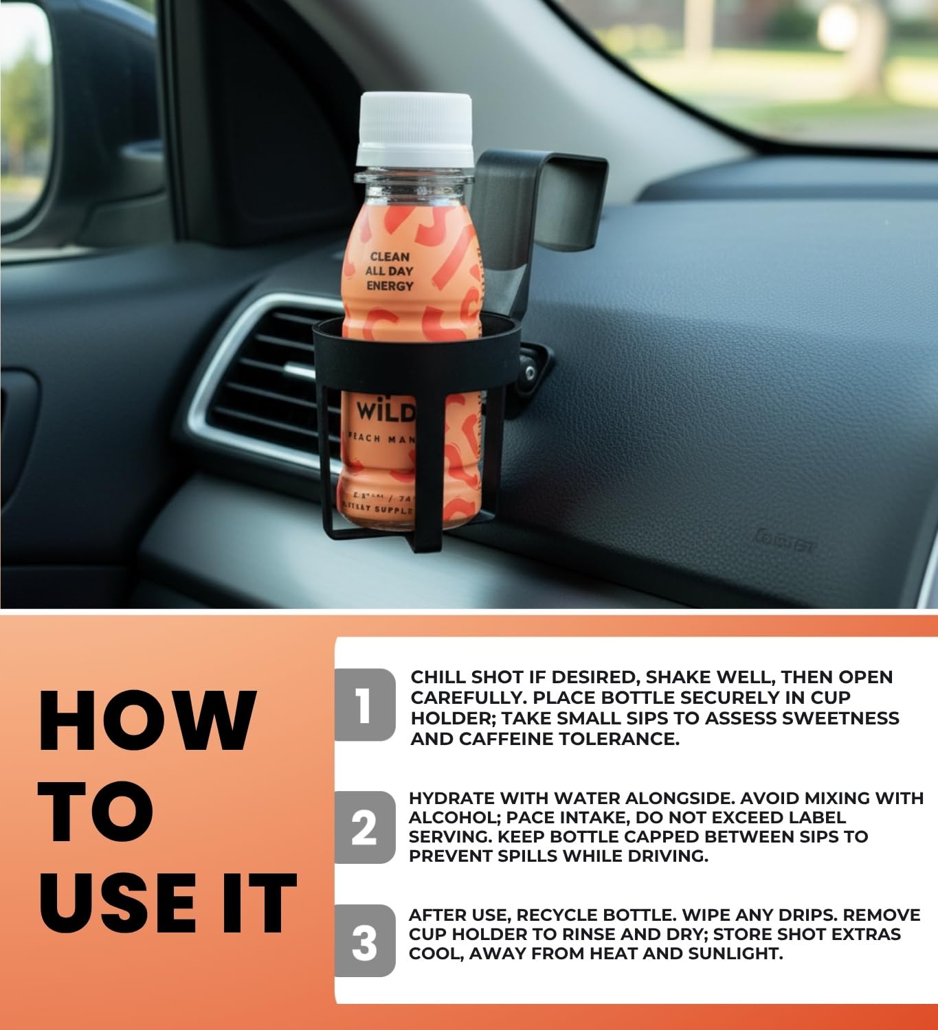 6x Energy Shot Peach Mango - 2.5 fl oz Bundle with Cup Holder - Refreshing Fruit Blend with Natural Caffeine and L-Theanine for Focus and Drive - Gift