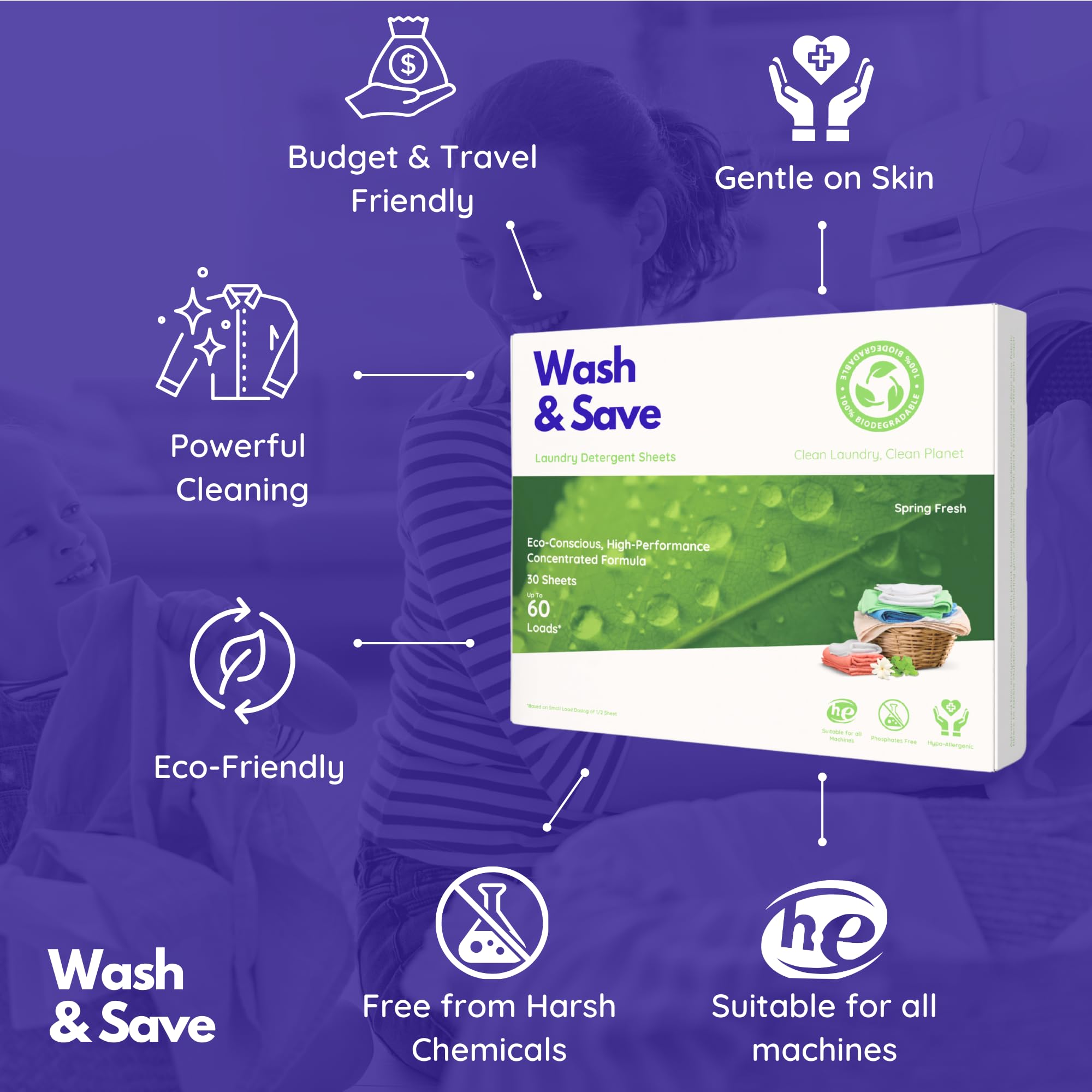WASH & SAVE Laundry Detergent Sheets - 60 Loads / 30 Sheets | Plant-Based, Eco-Friendly, Hypoallergenic Liquidless Detergent | Perfect for Travel