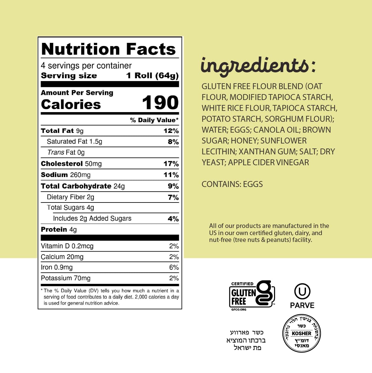 Katz Gluten Free Oat Rolls | Dairy Free, Nut Free, Soy Free, Gluten Free | Kosher (1 Pack of 4 Rolls, 9 Ounce)