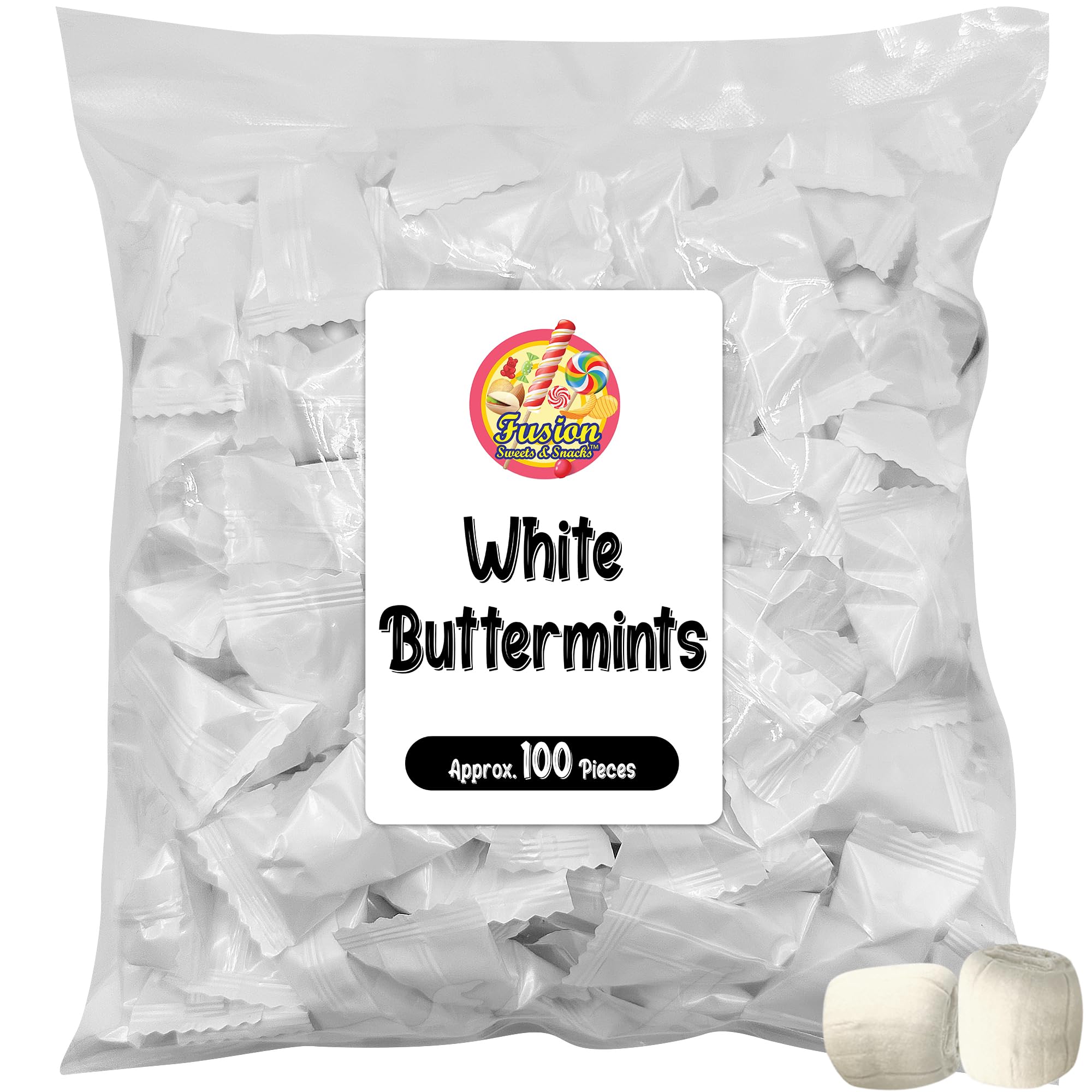 White Buttermints - 100 Count - Butter Mints Individually Wrapped - Wedding Mints - Perfect For Engagement Parties, Bridal Shower, Rehearsal Dinners