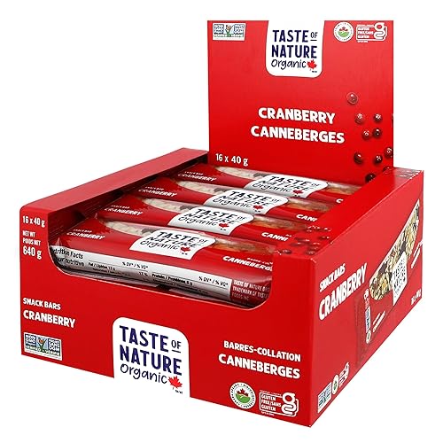 Taste of Nature Organic Cranberry Snack Bar - Healthy, Gluten Free, Non GMO, Vegan Snack Bars with Mixed Nuts, Fruits and Seeds - 16 Snack Pack x 40g