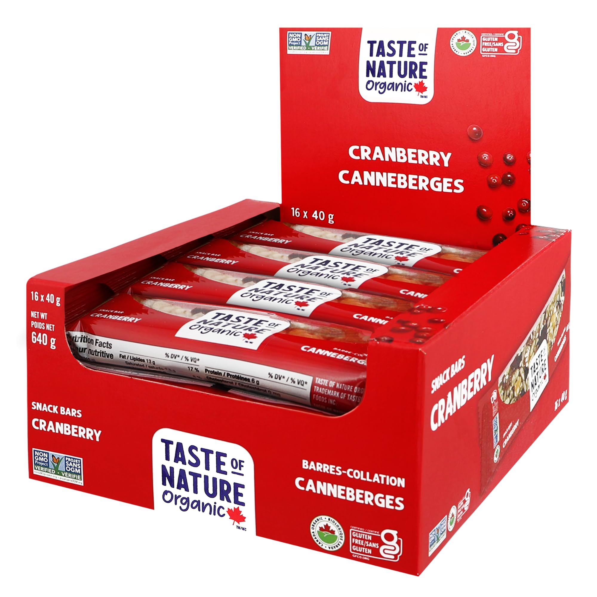 Taste of Nature Organic Cranberry Snack Bar - Healthy, Gluten Free, Non GMO, Vegan Snack Bars with Mixed Nuts, Fruits and Seeds - 16 Snack Pack x 40g