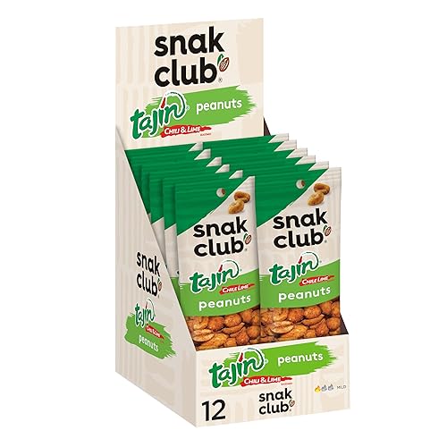 Snak Club Tajin Peanuts, Roasted Nuts with Chili and Lime Seasoning, Mild, Gluten-Free and Kosher Snacks, 1.5 oz Bags, 12 Pack