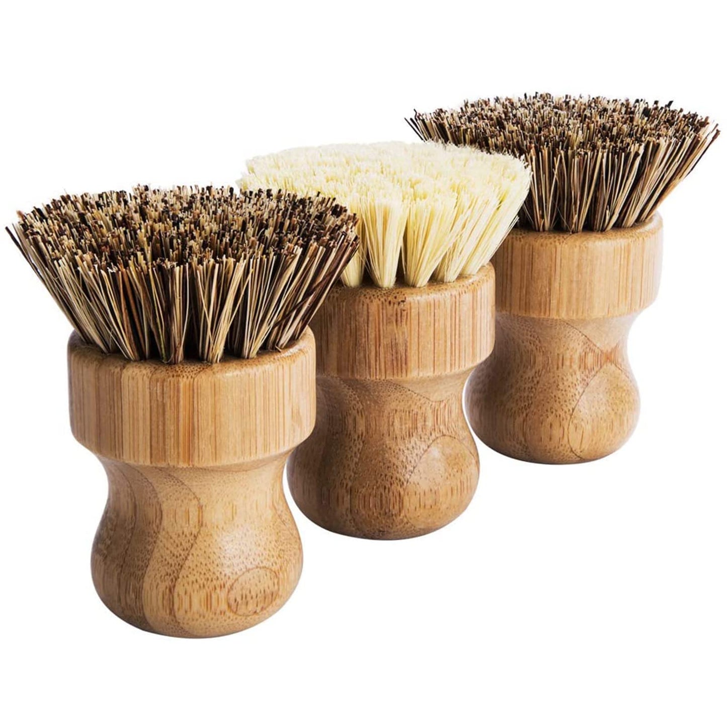 Palm Pot Brush- Bamboo Round 3 Packs Mini Dish Brush Natural Scrub Brush Durable Scrubber Cleaning Kit with Union Fiber and Tampico Fiber for Cleaning