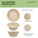 [125 SET]Sugarfiber by Harvest Pack 16oz PFAS FREE Round Paper Bowls with Flat Lids, Heavy-Duty Eco-Friendly Disposable Bagasse Bowls Sugarcane