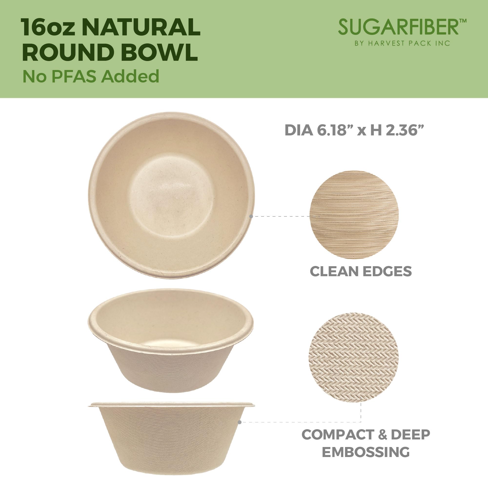[125 SET]Sugarfiber by Harvest Pack 16oz PFAS FREE Round Paper Bowls with Flat Lids, Heavy-Duty Eco-Friendly Disposable Bagasse Bowls Sugarcane