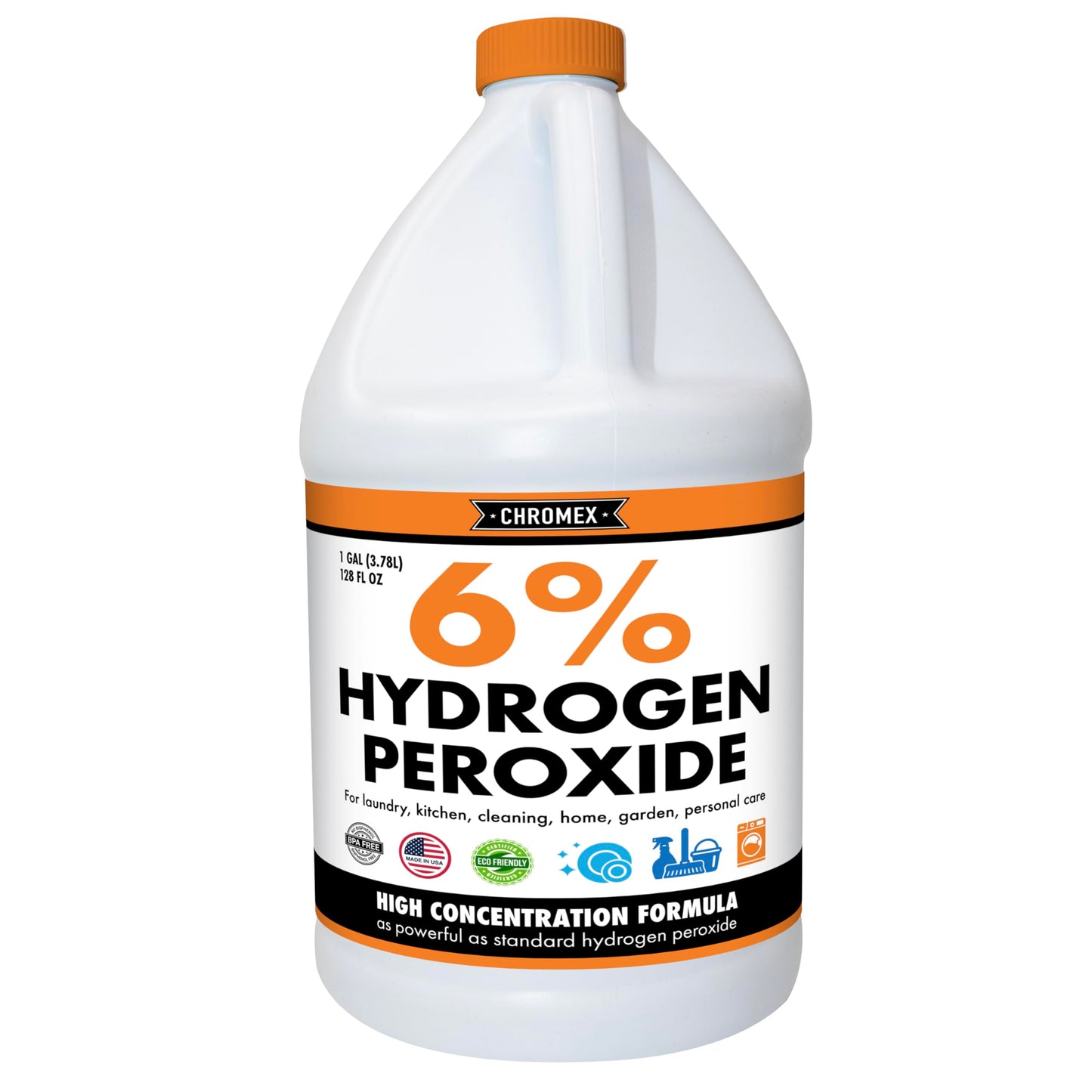 Chromex 6 Percent Hydrogen Peroxide, Food Grade, Home, Kitchen, Bath Cleaner, Laundry, Whitening (128 fl oz (Pack of 1)), NSF Certified