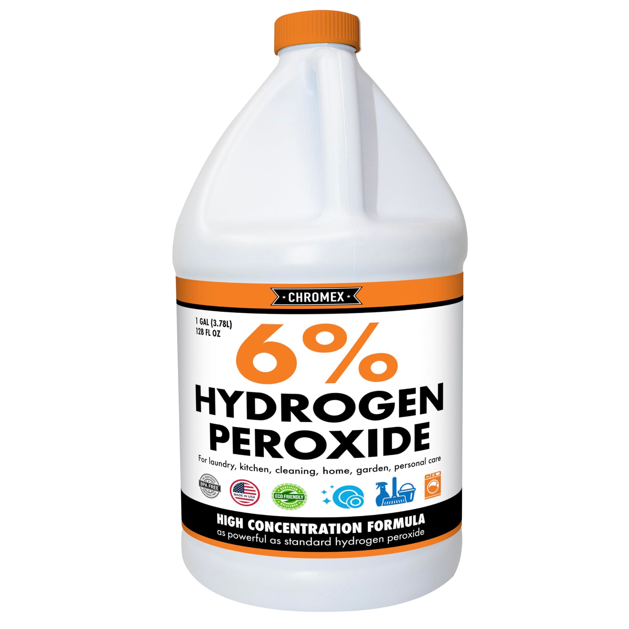 Chromex 6 Percent Hydrogen Peroxide, Food Grade, Home, Kitchen, Bath Cleaner, Laundry, Whitening (128 fl oz (Pack of 1)), NSF Certified