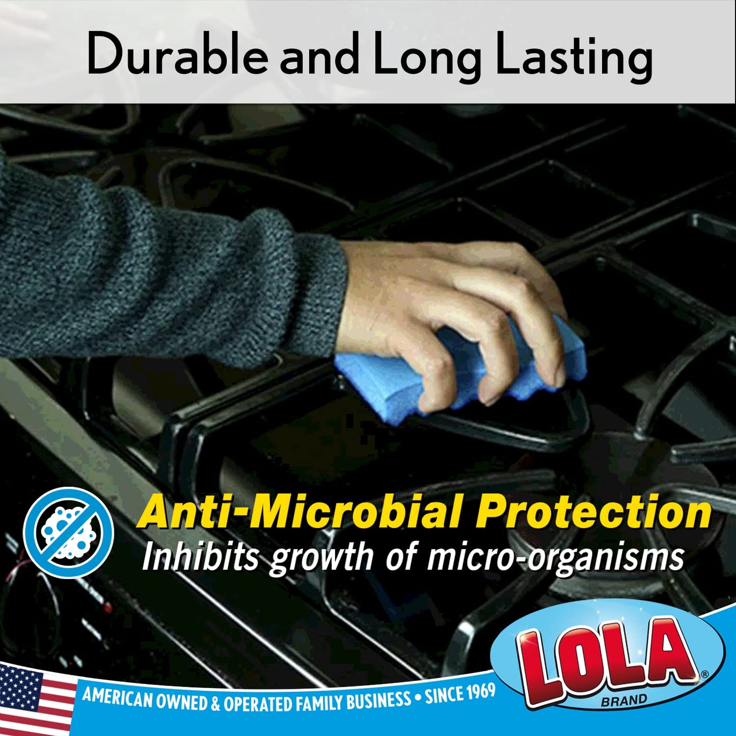 LOLA All Purpose Scrub Sponge, 2 Pack, Made in USA Scrub Sponge- Superior Technology, Non-Scratch, Long Lasting - Dishes, Mugs, Non-Stick Cookware