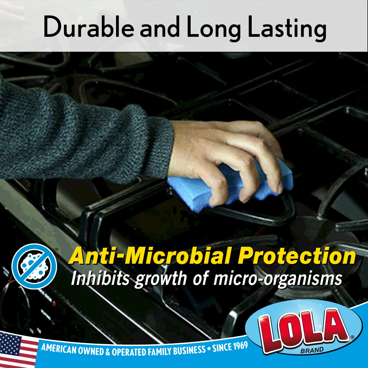 LOLA All Purpose Scrub Sponge, 2 Pack, Made in USA Scrub Sponge- Superior Technology, Non-Scratch, Long Lasting - Dishes, Mugs, Non-Stick Cookware