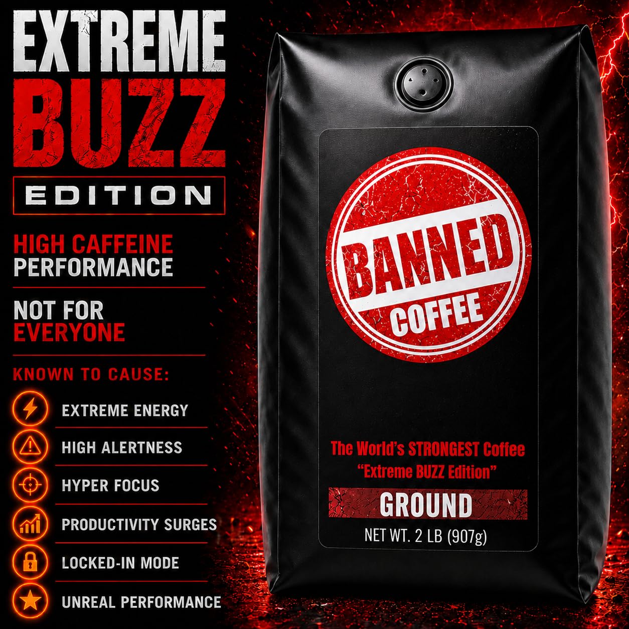 Banned Coffee™ Ground - World’s Strongest High Caffeine Coffee That Shouldn’t Be Allowed - Bold Medium-Dark Roast Arabica & Robusta Blend - Extreme