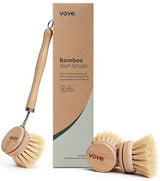Vove Bamboo Dish Brush with 3 Replacement Heads, Plastic-Free Kitchen Scrub Brush for Pots Pans and Dishes, FSC-Certified Bamboo Handle with Natural