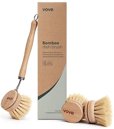 Vove Bamboo Dish Brush with 3 Replacement Heads, Plastic-Free Kitchen Scrub Brush for Pots Pans and Dishes, FSC-Certified Bamboo Handle with Natural