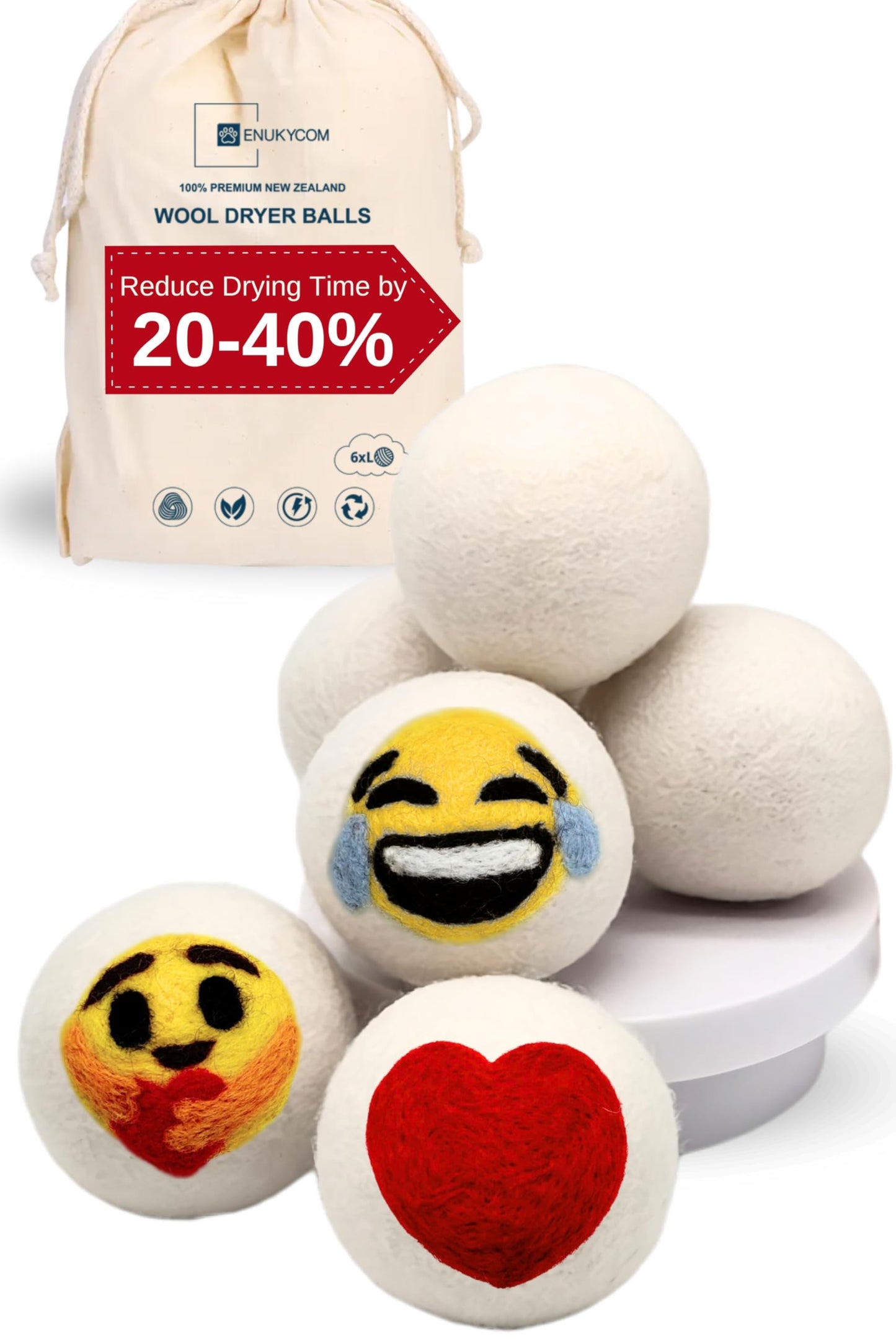 Dryer Ball Kit: 6 XL Wool Dryer Balls - Natural Fabric Softener, Reusable, Reduces Clothing Wrinkles and Saves Drying Time - Reduces Wrinkles