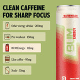 BUM Sugar-Free Energy Drink, Watermelon - Lightly Carbonated & No Artificial Colors, Natural Caffeine & Citicoline for Energy & Focus, Brain Boost