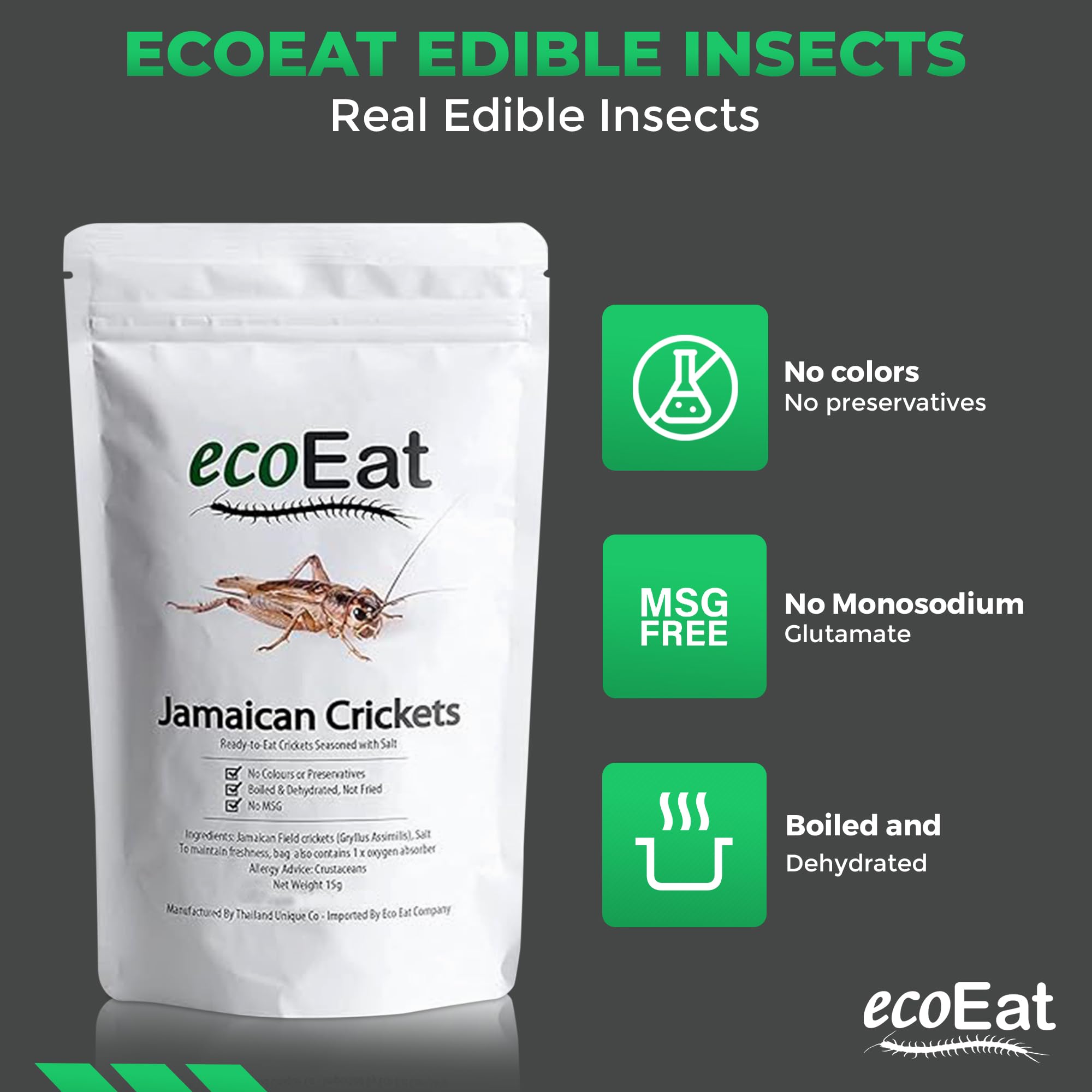 ecoEat Edible Insects Jamaican Crickets (Gryllus assimilis) 15g Bag - Edible Snack Gift