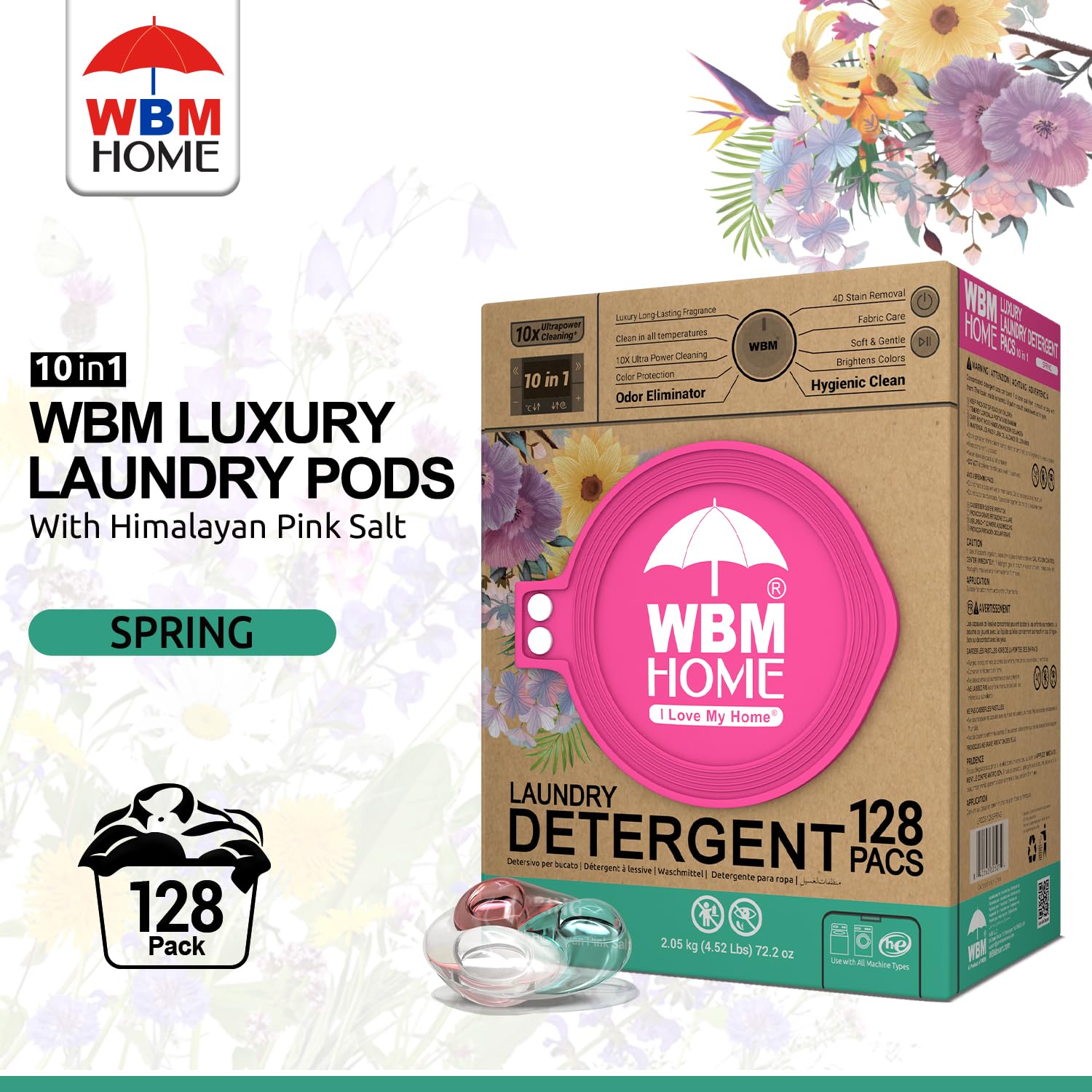 WBM Laundry Detergent Pods, Spring Fragrance Scent, 128 Count - HE Concentrated Laundry Pods With 10x Ultrapower Cleaning and 4D Laundry Stain Remover