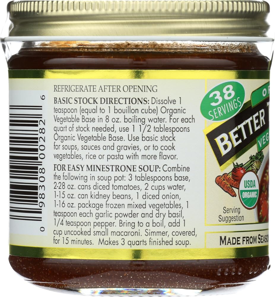 Better Than Bouillon Organic Vegetable Base, Made from Seasoned & Concentrated Vegetables, Organic & Vegan, Makes 9.5 Quarts of Broth, 8 OZ Jar (Pack