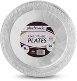 [40 Count] Plastimade 9 Inch Dinner Plates Clear Disposable Heavy Duty Plastic, Ideal For Wedding, Catering, Parties, Buffets, Events, Or Everyday