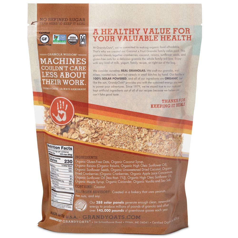 GrandyOats Coconut with Fruit Granola, Certified Organic, Gluten Free, Family Value Size, 36oz bags (Pack of 2)