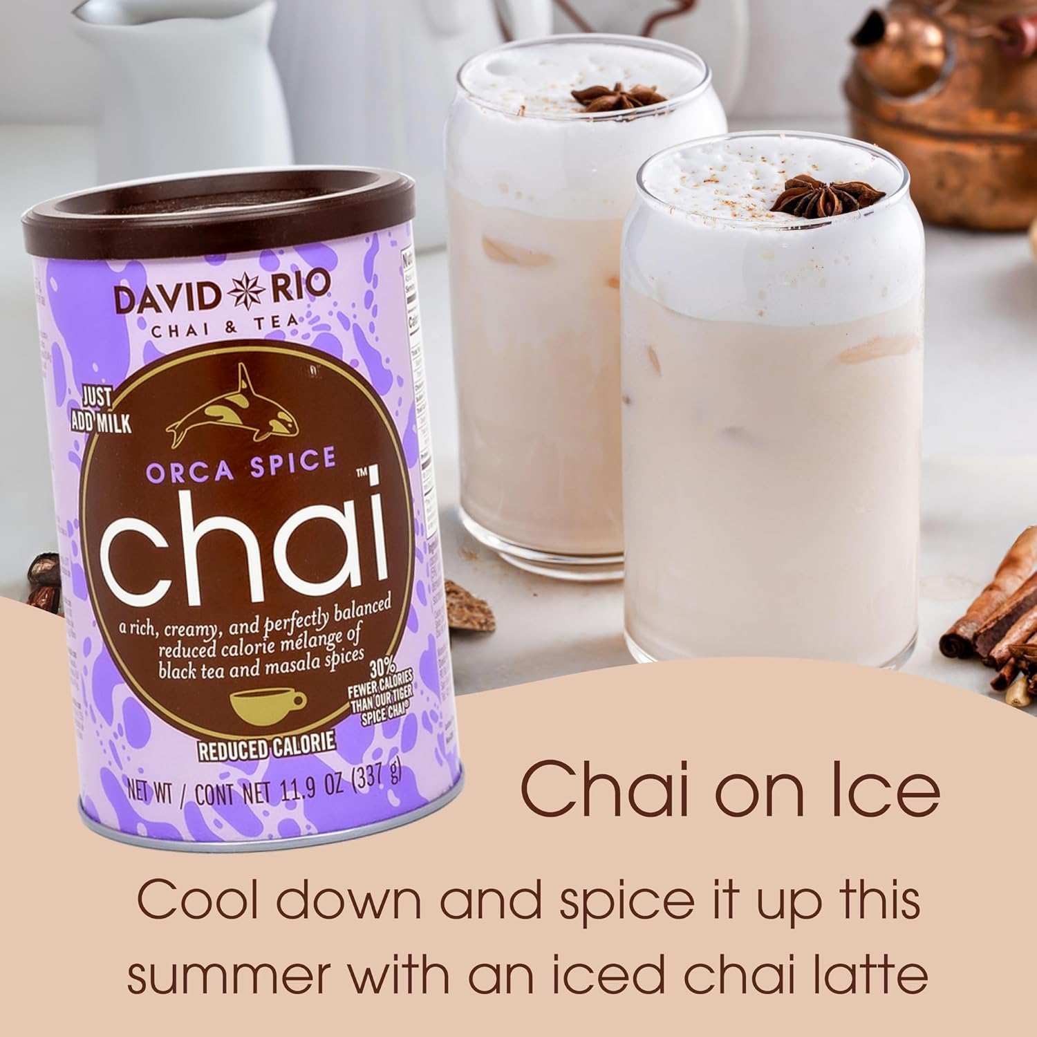 Orca Spice Reduced Calorie Chai Tea Latte Mix, 11.9 Oz, Black Tea, Organic Spices, Sugar Free, Dairy Free, Serve Hot or Cold, Just Add Water or Milk
