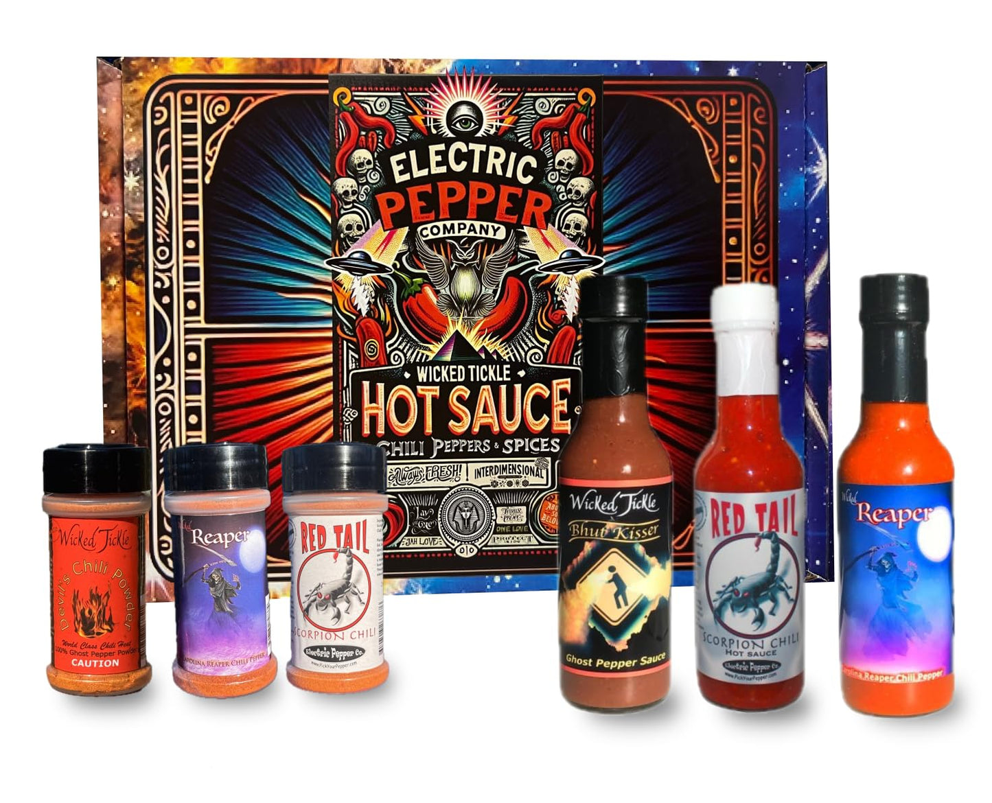 Wicked Tickle & Wicked Reaper World's Hottest Spice Gift Set - Carolina Reaper, Ghost Pepper, and Scorpion Chili Products Plus Free Sauce