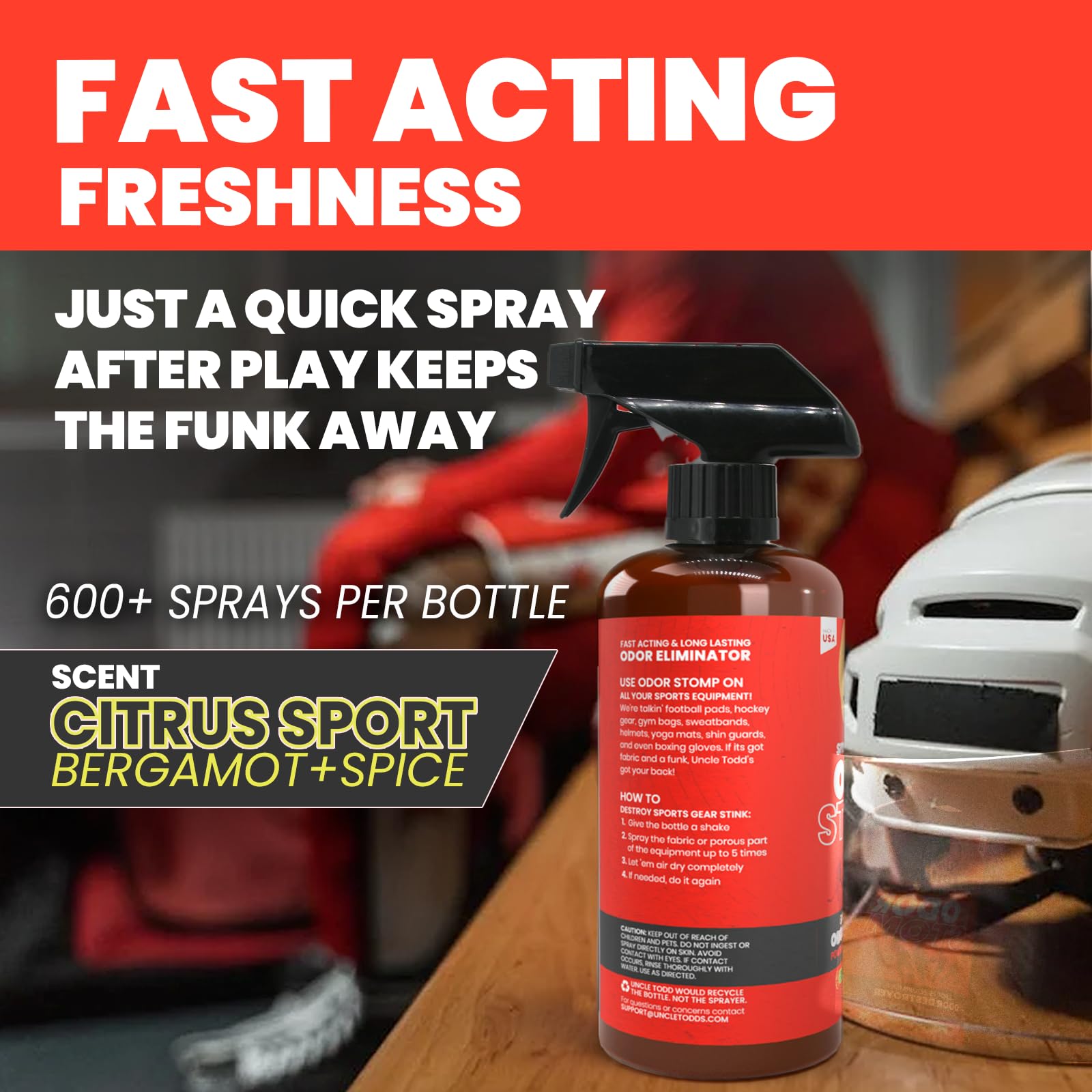 Uncle Todd’s Odor Stomp Sports Equipment Odor Eliminator Spray - Extra Strength Enzyme-Powered Deodorizer for Football, Hockey, Gym Bags, and Athletic