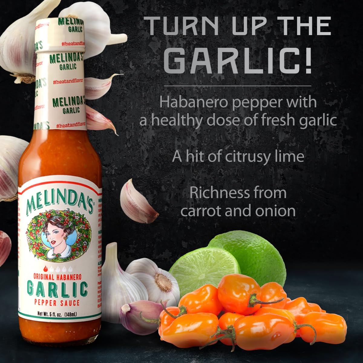 Melinda’s Garlic Habanero Hot Sauce - Gourmet Garlic Hot Sauce - Made with Habanero Peppers, Carrots, & Onion - Keto, Vegan, Gluten Free - 5oz, 4 Pack