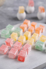 Mughe Gourmet Turkish Delight Candy Elegant Gift Box - 7oz/200g - Halal, Vegan Lokum Fruit Flavors Rose, Strawberry, Lemon, Orange, Mint - Gifts