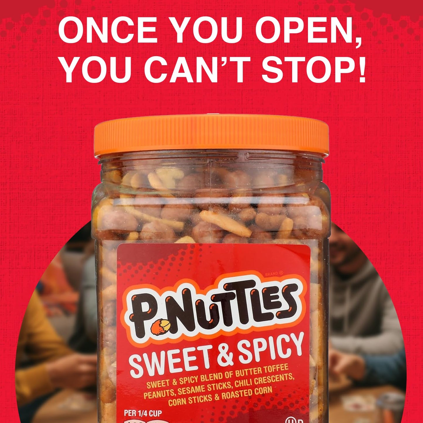 P-Nuttles Sweet & Spicy Snack Mix, 36 Oz Jar (Pack of 1) - Ideal Bar Mix - Butter Toffee Covered Peanuts with Sesame Sticks, Chili Crescents, Corn