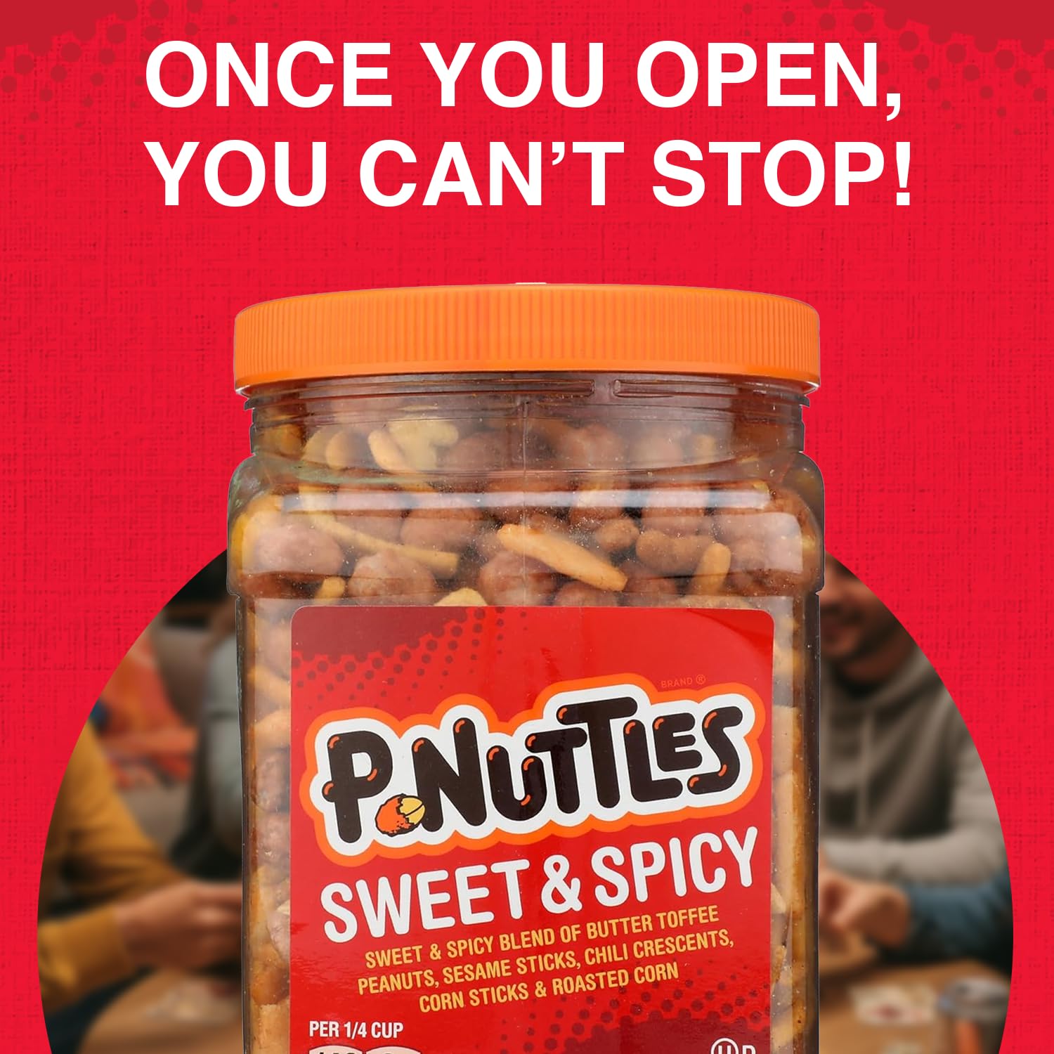 P-Nuttles Sweet & Spicy Snack Mix, 36 Oz Jar (Pack of 1) - Ideal Bar Mix - Butter Toffee Covered Peanuts with Sesame Sticks, Chili Crescents, Corn