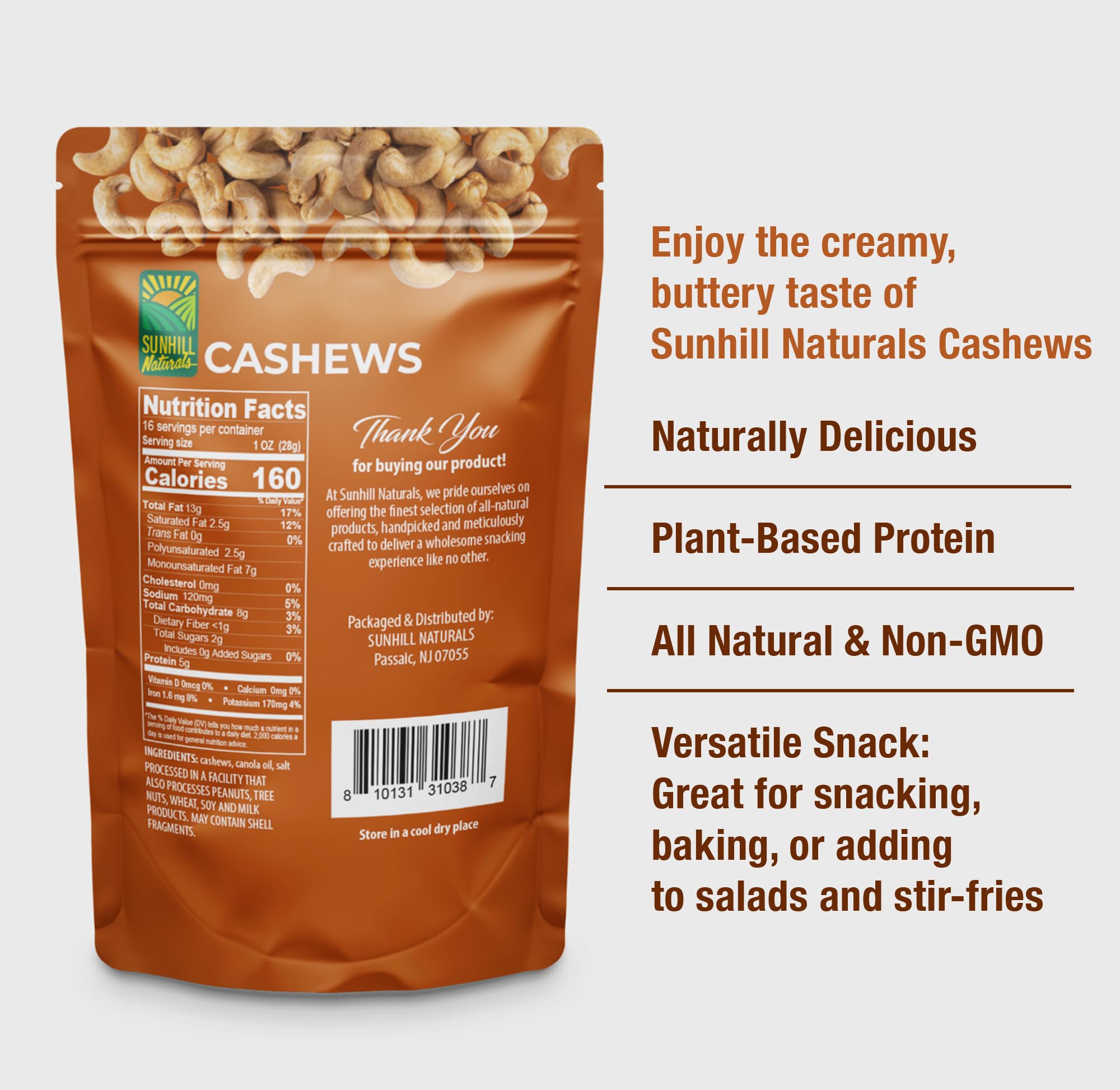 Sunhill Naturals Cashews Roasted Lightly Salted | Dry Roasted & Salted Cashews | Deluxe Nuts for Healthy Snacking | Protein Snacks for Adults |