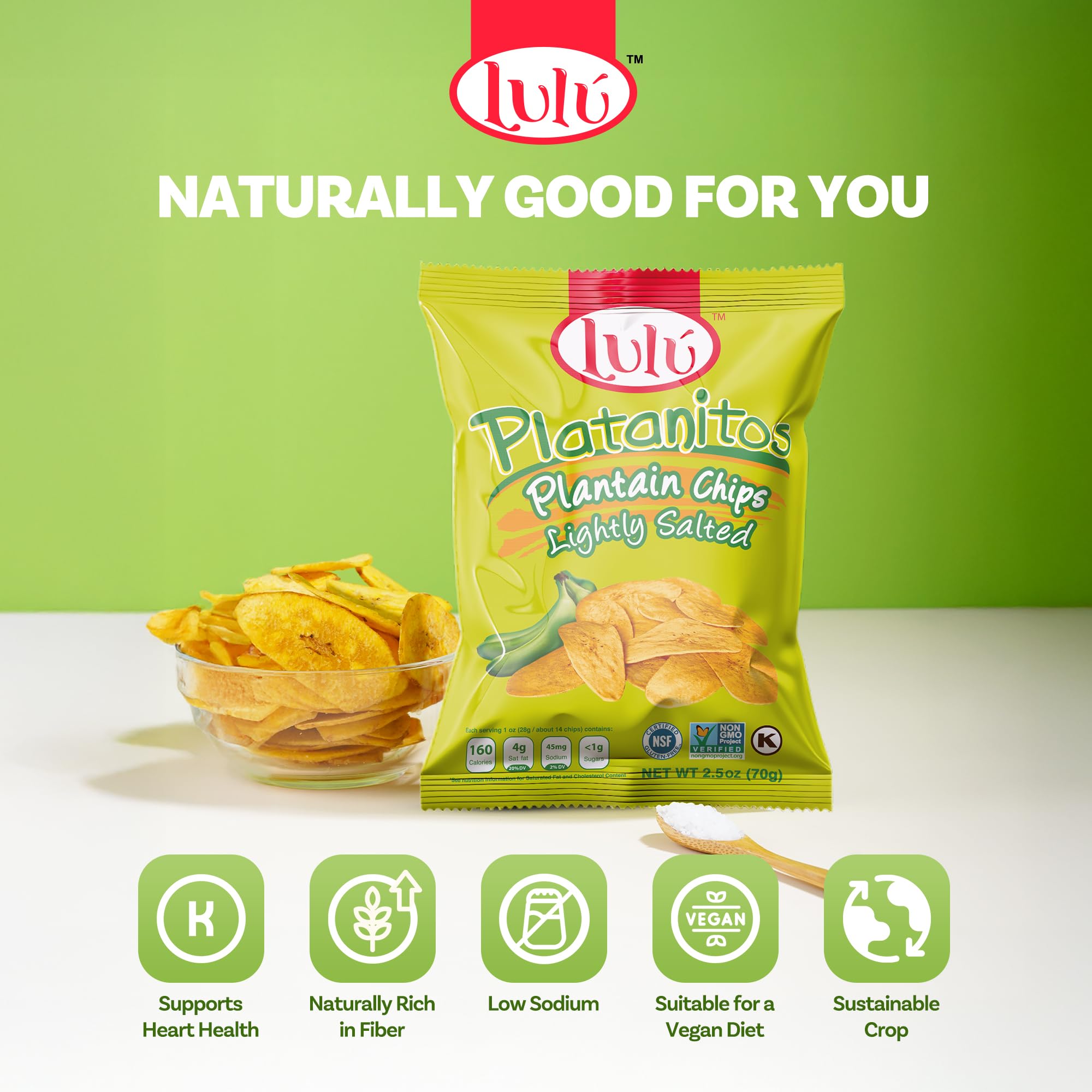 LULU Plantain Chips - Lightly Salted, 30 Individual Bags (2.5 Oz Each) - Crunchy, Delicious, Kosher, Gluten-Free Healthy Snacks - No Preservatives or