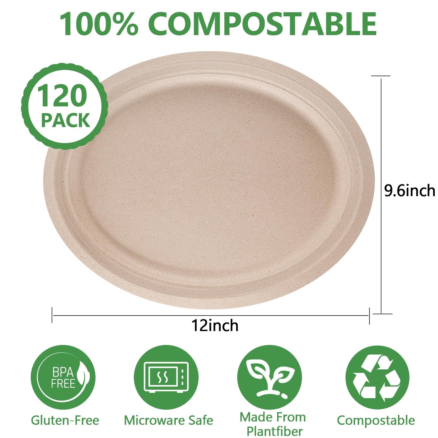 Vabrloy Oval Paper Plates, 120 Pack 12 inch, 100% Compostable, Heavy Duty, Biodegradable Sugarcane Plates for BBQ, Restaurant, Picnic, Party