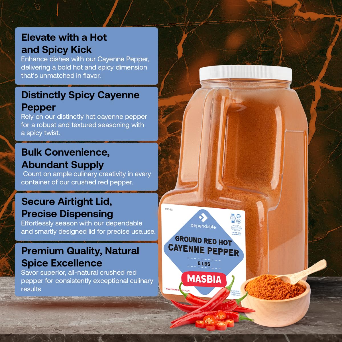 Dependable Food Ground Red Pepper | 6 Lb. Jar | 40,000 SHU Heat | Bulk, Kosher Cayenne Pepper Seasoning for Chefs, Restaurants, and Culinary