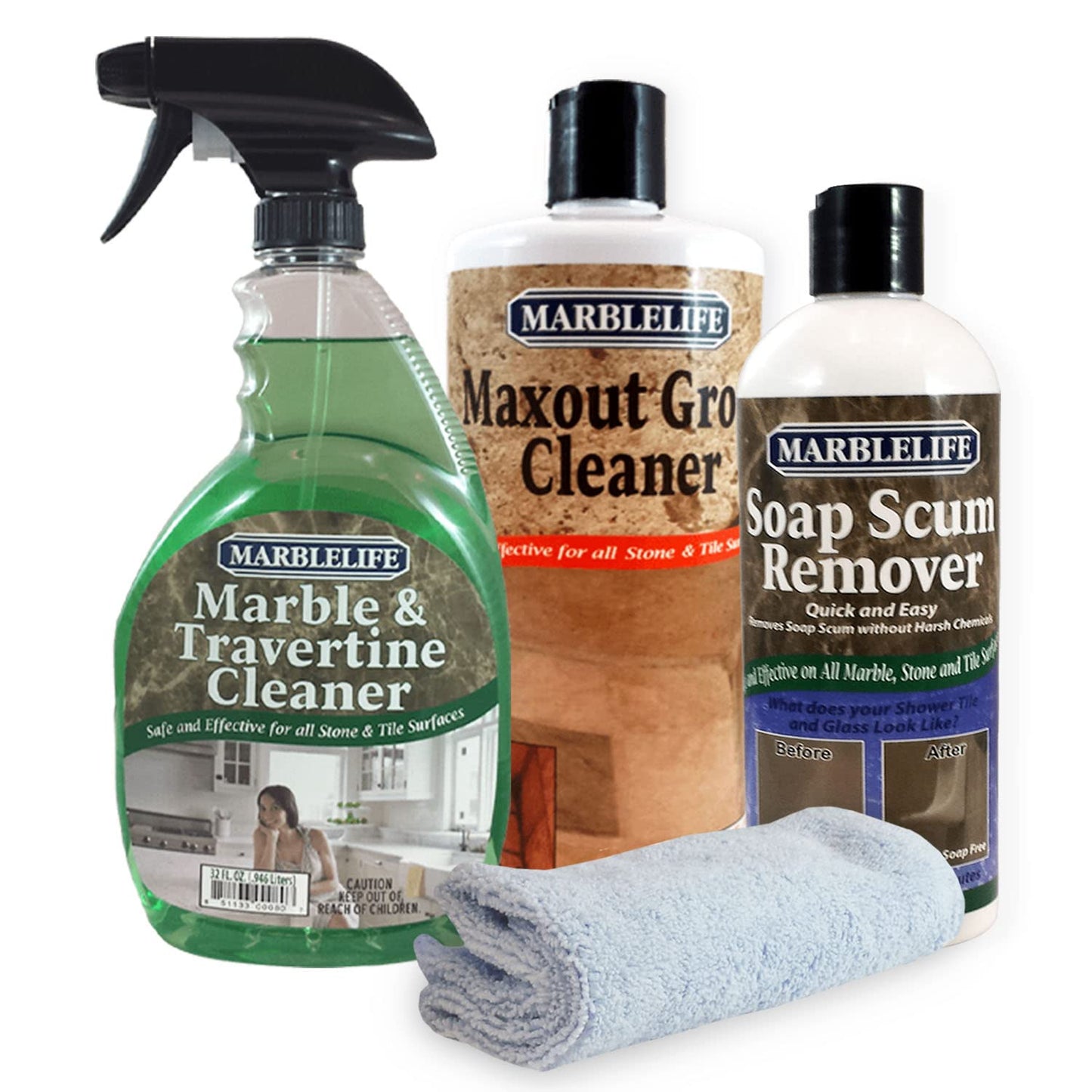 Marblelife Bathroom Combo Kit, With Marble & Travertine Cleaner, MaxOut Deep Grout Cleaner for Tile Floors, Soap Scum Remover For Shower & Other