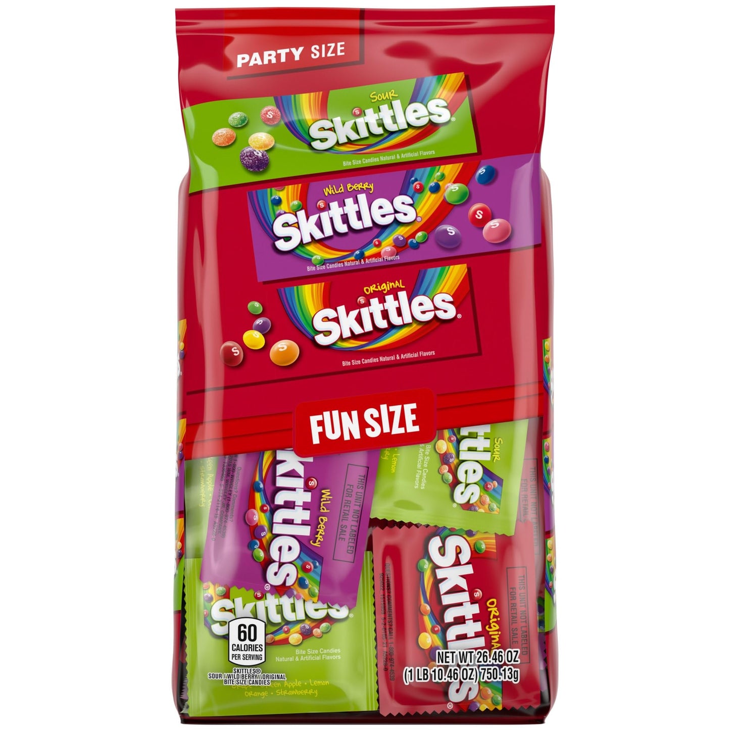 Wrigley's Skittles Fun Size Original, Wild Berry, and Sour Chewy Individually Wrapped Stocking Stuffers Christmas Candy Variety Pack, 26.46 Oz Bulk