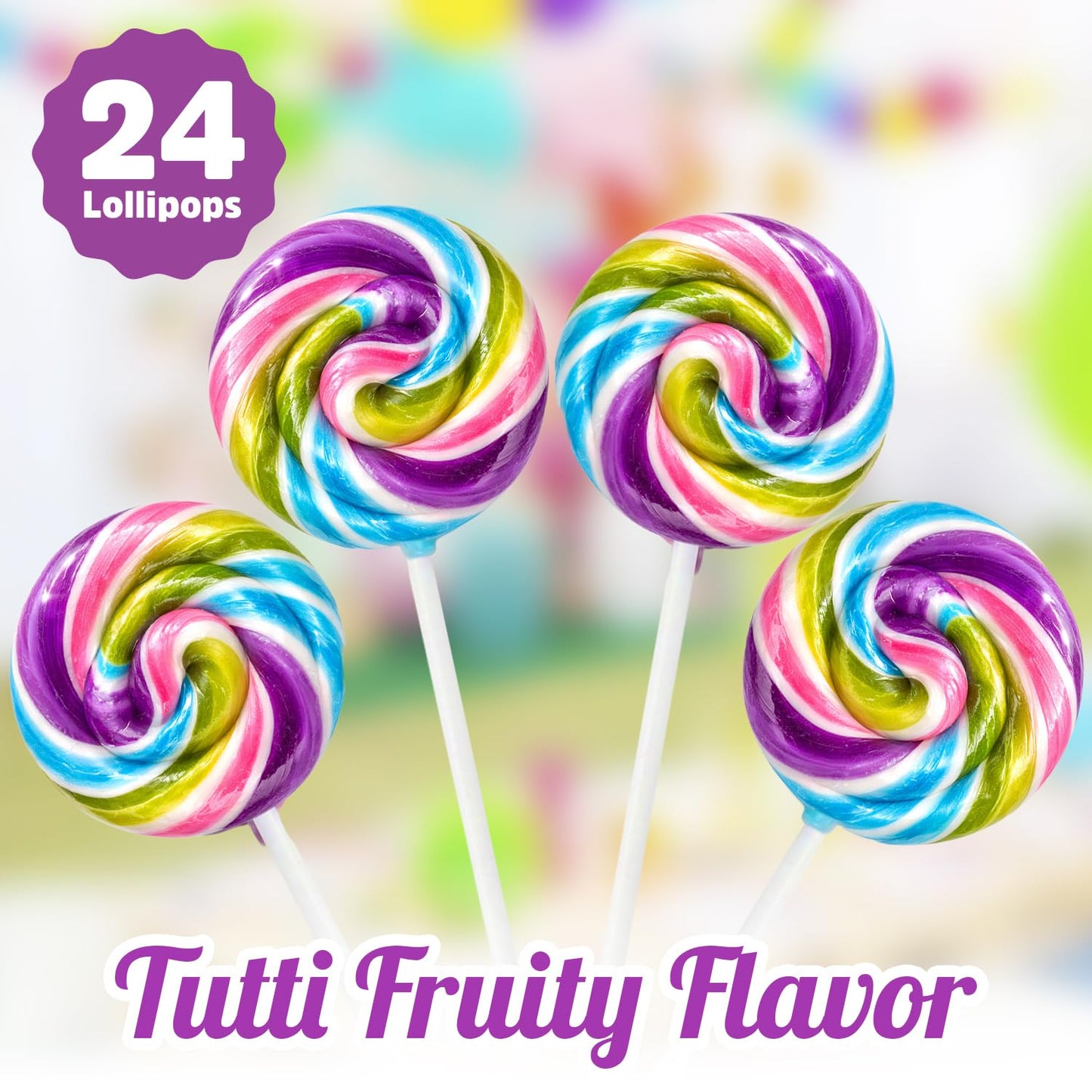 Swirl Lollipops With Natural Colors - 24 Count Pastel Rainbow Tutti Frutti Candy Pops, Classic Swirl Lollipops for Spring Party Favors & Classroom