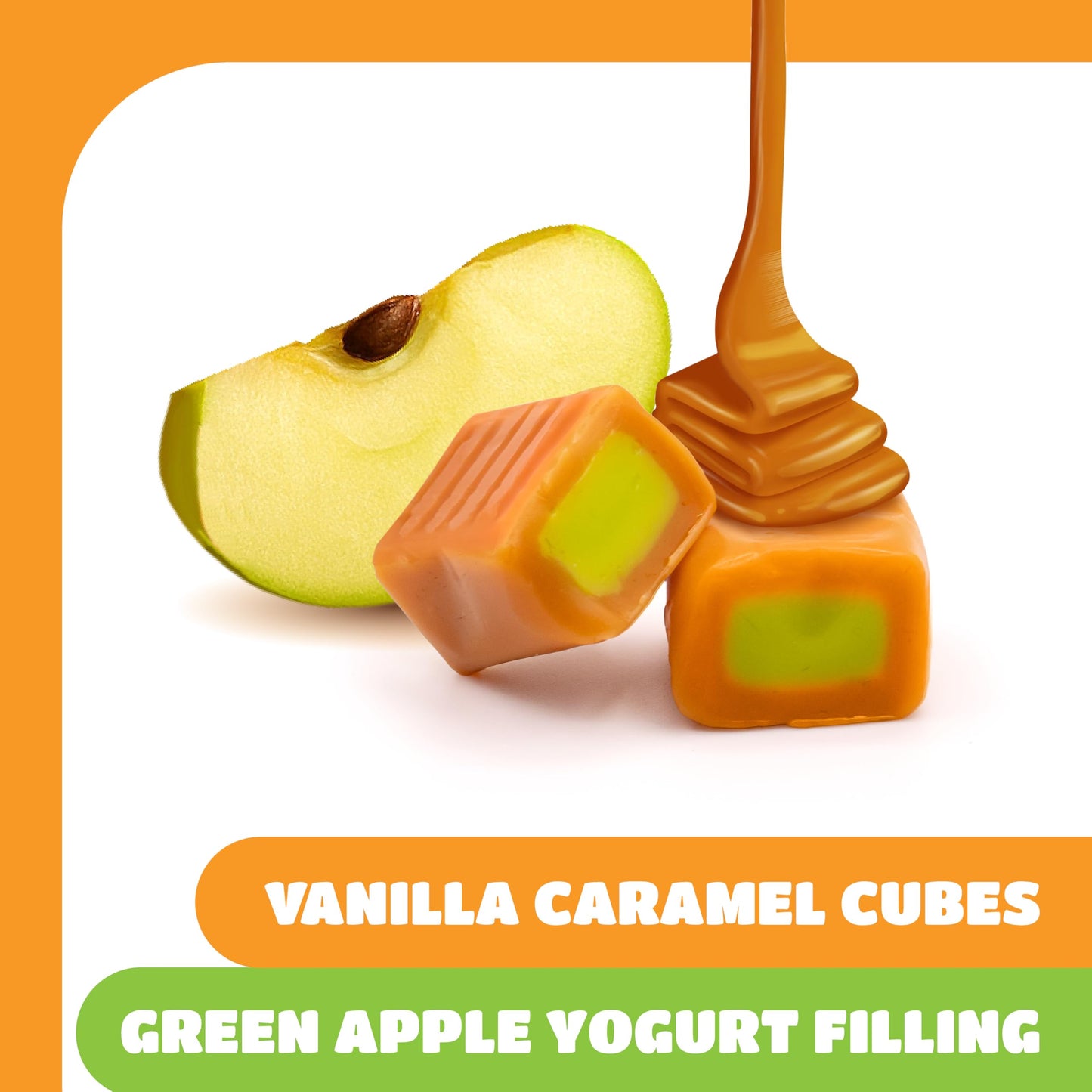 Caramel Cubes Candy - 2 Pound Pack (150 Count) - Green Apple Filling - Individually Wrapped