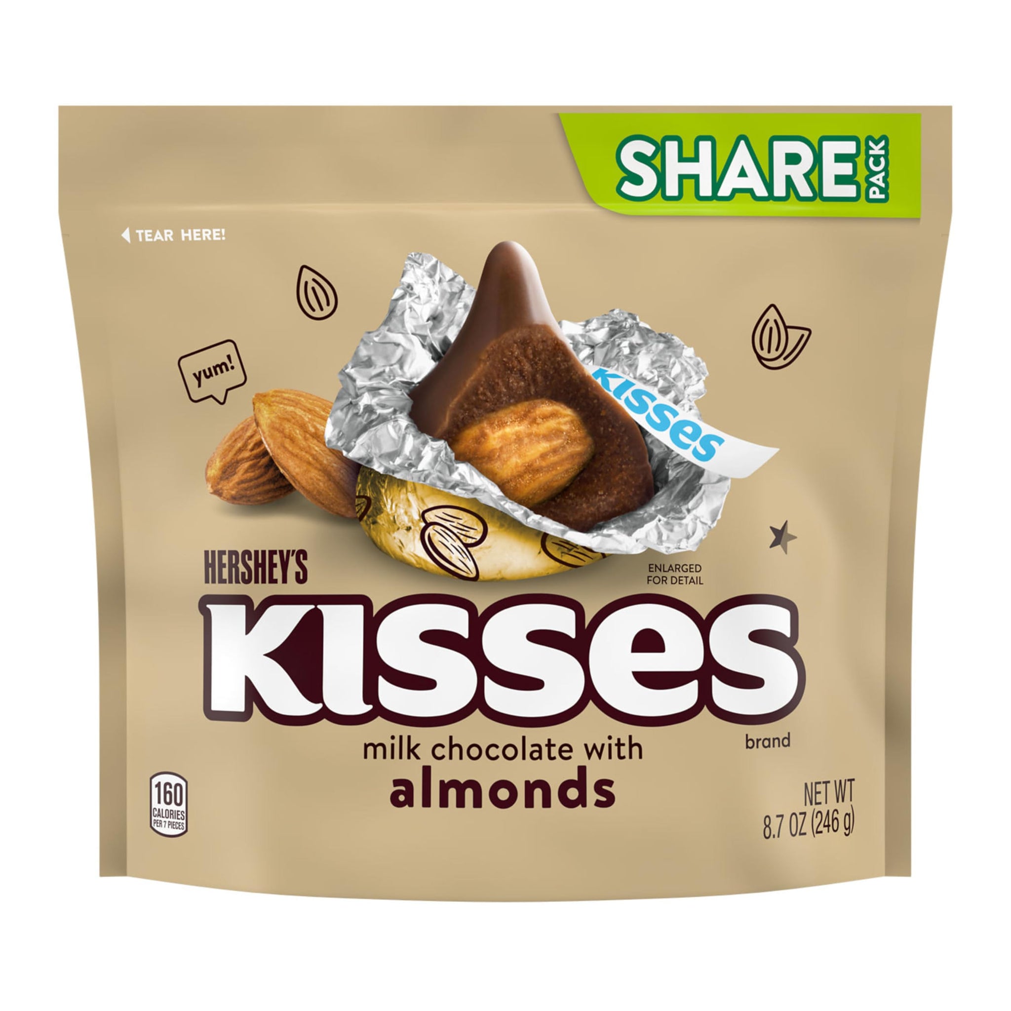 HERSHEY'S KISSES Milk Chocolate with Almonds Candy Share Pack, 8.7 oz