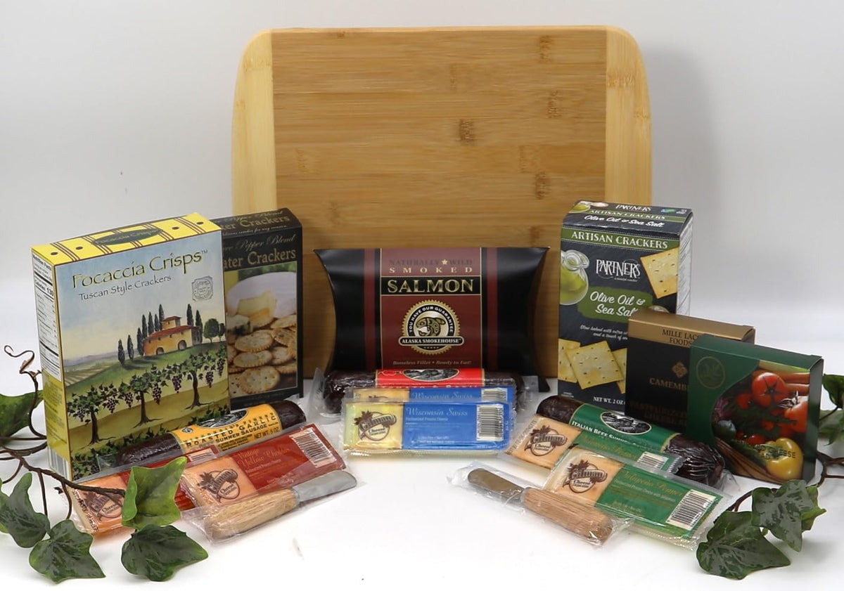 Gift Basket Village - In This Home Gourmet Cutting Board Set: Crackers, Sausages, Salmon, Cheeses, and Spreaders, Perfect for Any Occasion