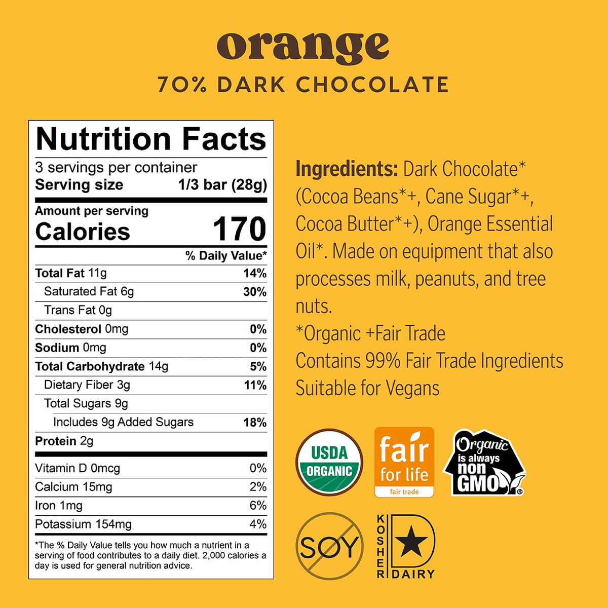 Theo Chocolate Orange Organic Dark Chocolate Bar, 70% Cacao, 6 Pack | Vegan, Fair Trade