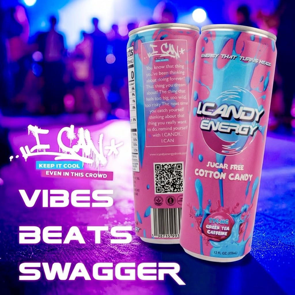 I.CANDY Energy Drink Cotton Candy, Zero Sugar Zero Calorie, 114mg Natural Caffeine from Green Tea, B3 B6 B12 Vitamins, No Crash Pink Energy Drink - 4