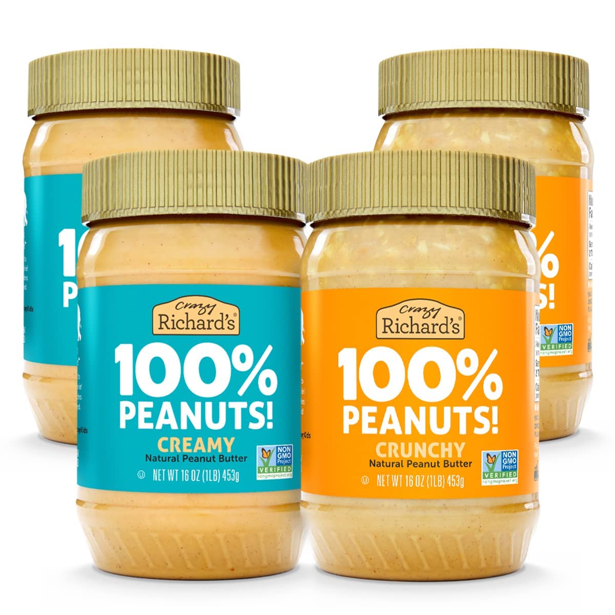 Crazy Richard's 100% All-Natural Vegan Creamy & Crunchy Peanuty Butter with No Added Sugar and Non-GMO Variety Pack (16 Ounce, Pack of 4)