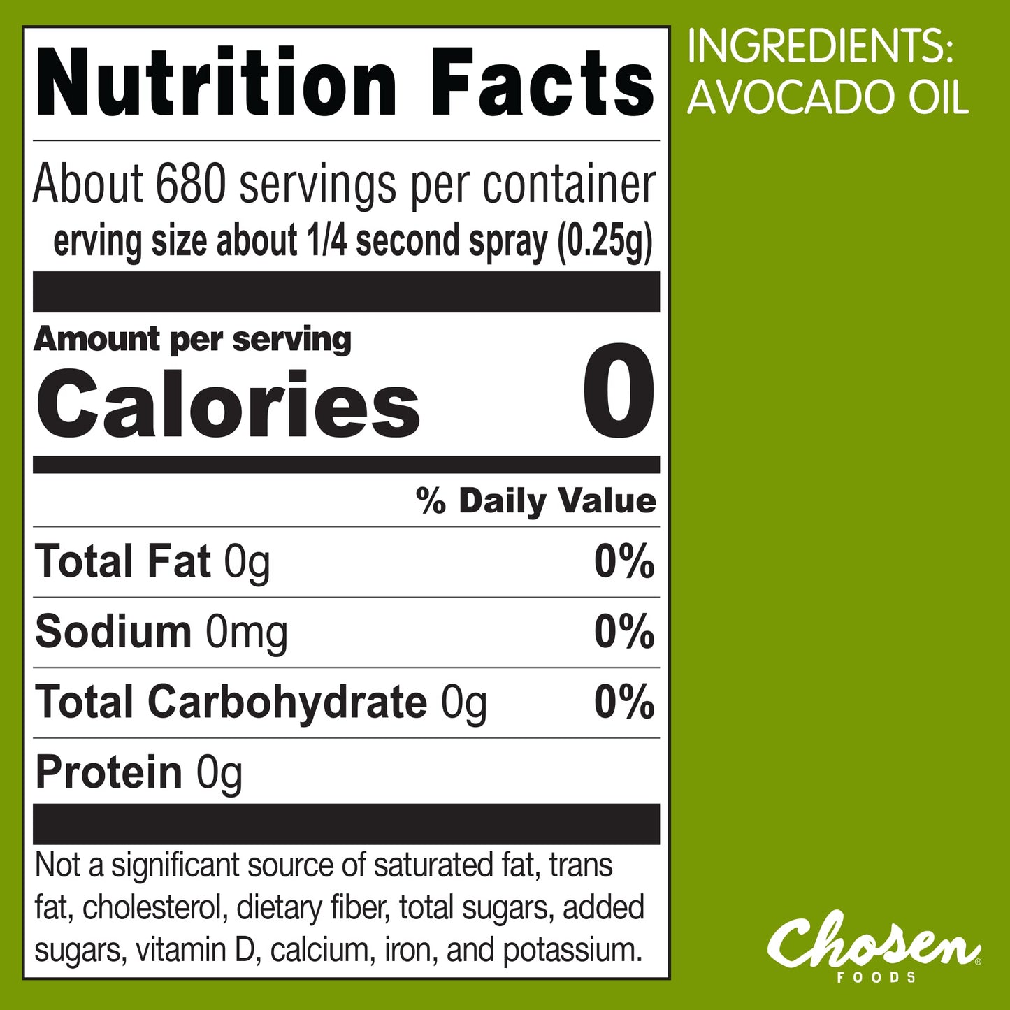 Chosen Foods 100% Pure Avocado Oil Spray, Keto Diet Friendly, Kosher Cooking Spray for Baking, High-Heat Cooking and Frying (6 oz, 2 Pack)